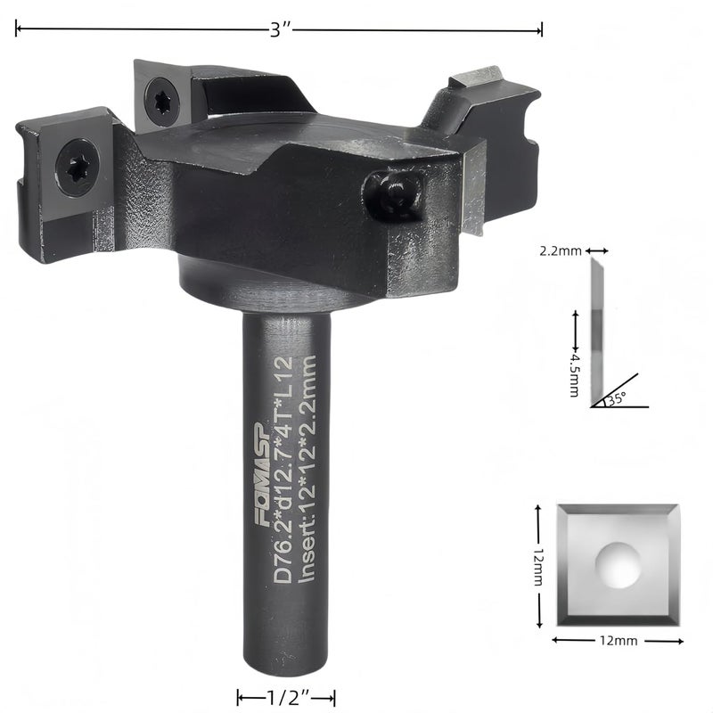 FomaSP CNC Spoilboard Surfacing Router Bit,1/2"(12.7mm) Shank,3"(76.2mm) Cutting Diameter,Slab Flattening Router Bit,Replaceable Carbide Inserts Wood Planer Bit with 4 Wings for Woodworking. - Image 2